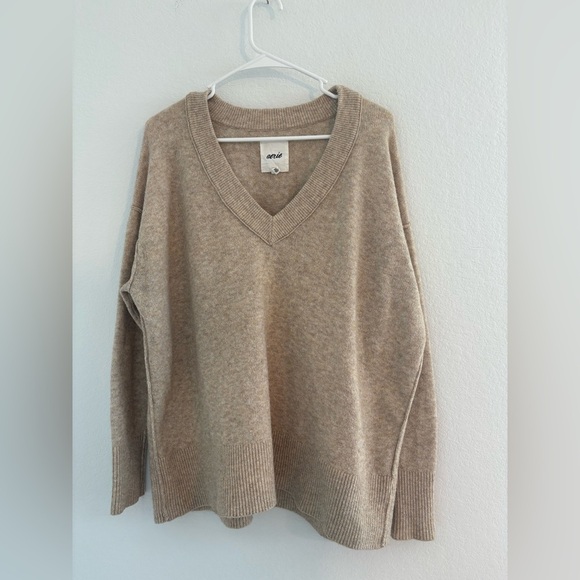 Aerie Soft Unreal V Neck Sweater in Oatmeal - Picture 6 of 13
